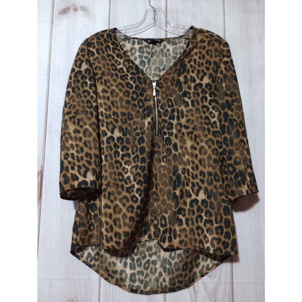Express Leopard Print Zipper V Neck 3/4 Sleeve Blouse Top Women's S